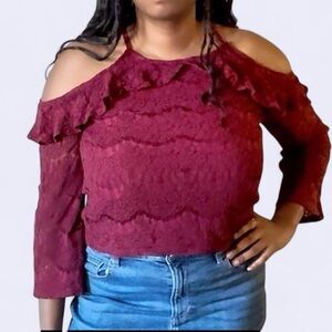 Chic Burgundy Lace Cold-Shoulder Blouse